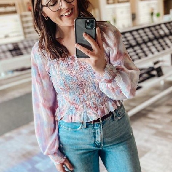 NWT Future Collective Watercolor Long Sleeve Smocked Bodice Top - Picture 10 of 12